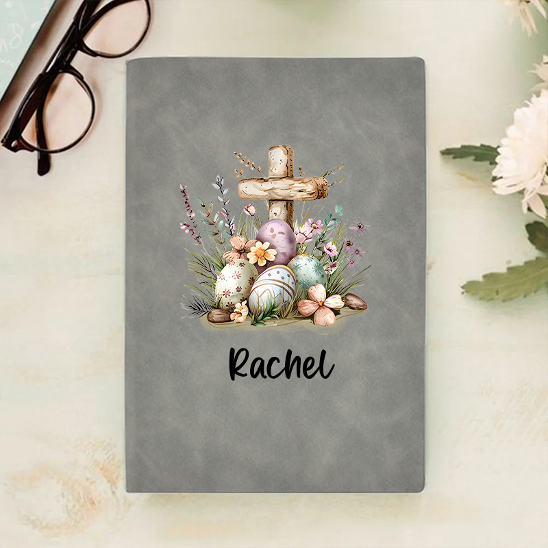 Personalized Floral Cross Easter Eggs Prayer Journal Leather A5 Notebook with Name for Church Bible Study Easter Gift for Family Friends Christian
