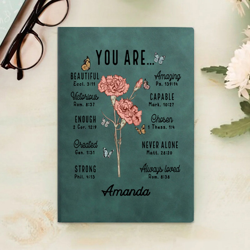 Personalized Birth Flower Bible Verse Prayer Journal Leather A5 Notebook with Name Baptism Birthday Gift for Women Christians