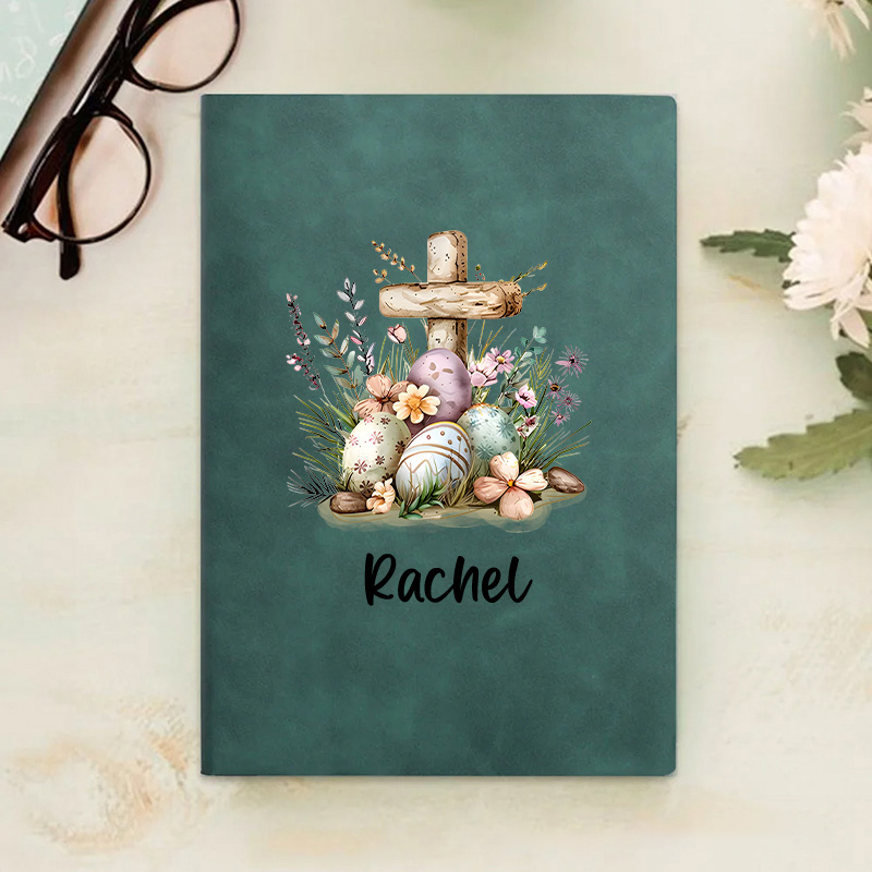 Personalized Floral Cross Easter Eggs Prayer Journal Leather A5 Notebook with Name for Church Bible Study Easter Gift for Family Friends Christian
