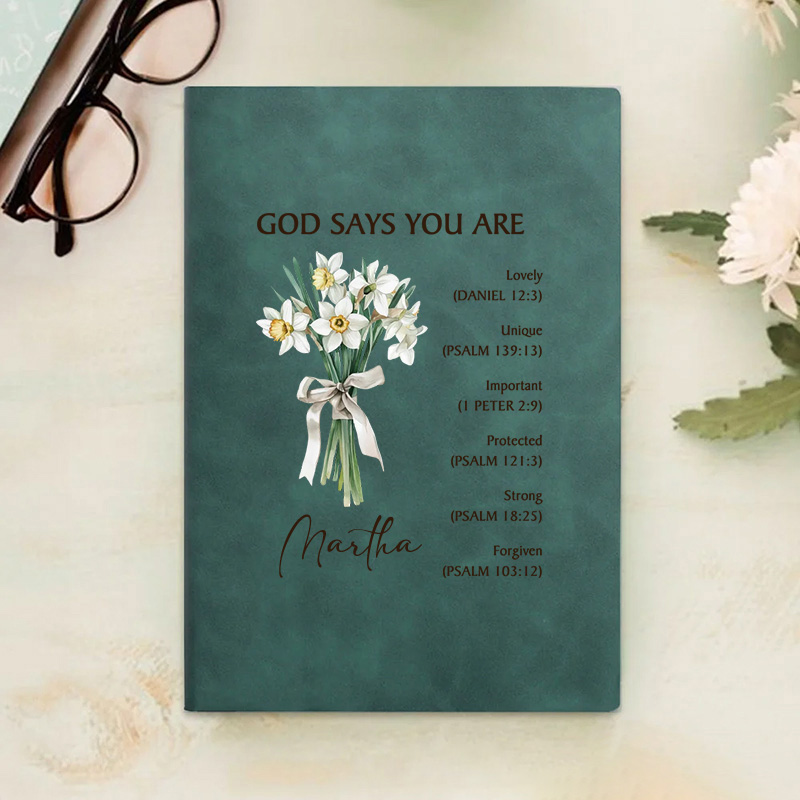 Personalized God Says You are Lovely Prayer Journal Leather A5 Notebook with Birth Flower Bouquet and Name Baptism Birthday Gift for Christians Women