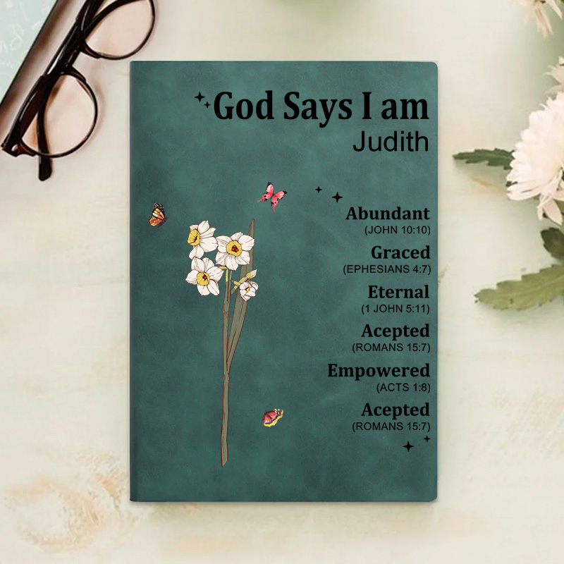 Personalized God Says I am Name Meaning on Bible Verse Prayer Journal Leather A5 Notebook with Name Baptism Thanksgiving Gift for Family Christians