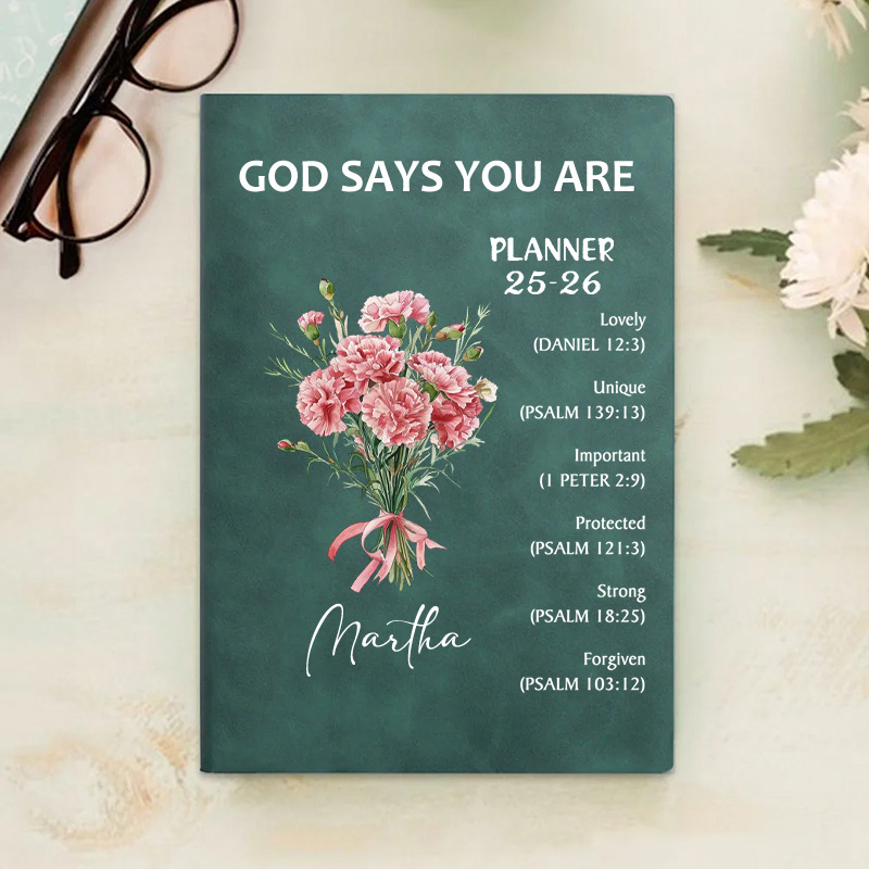 Personalized Flower Bouquet Bible Verse Planner 25-26 Leather A5 Notebook with Name Weekly Monthly Planning Birthday Religious Gift for Family Friends