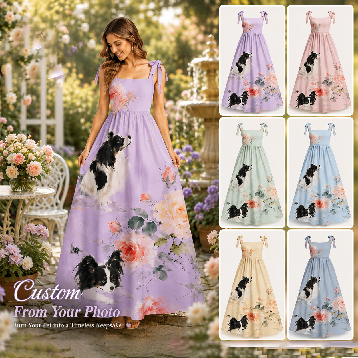 Personalized Floral Maxi Dress Watercolor Print with Custom Birth Flower and Pet Gift for Flowers and Pet Lovers