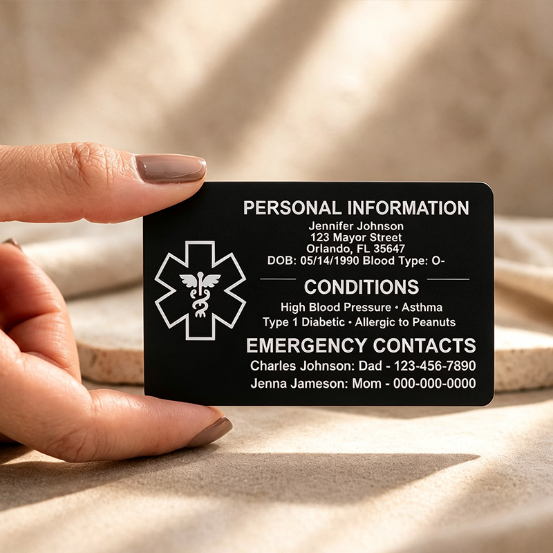 Personalized Medical Card & Keychain ID for Wallet, Aluminum Custom Engraved Emergency Contact, Personalized Metal Safety Alert for Medic Conditions
