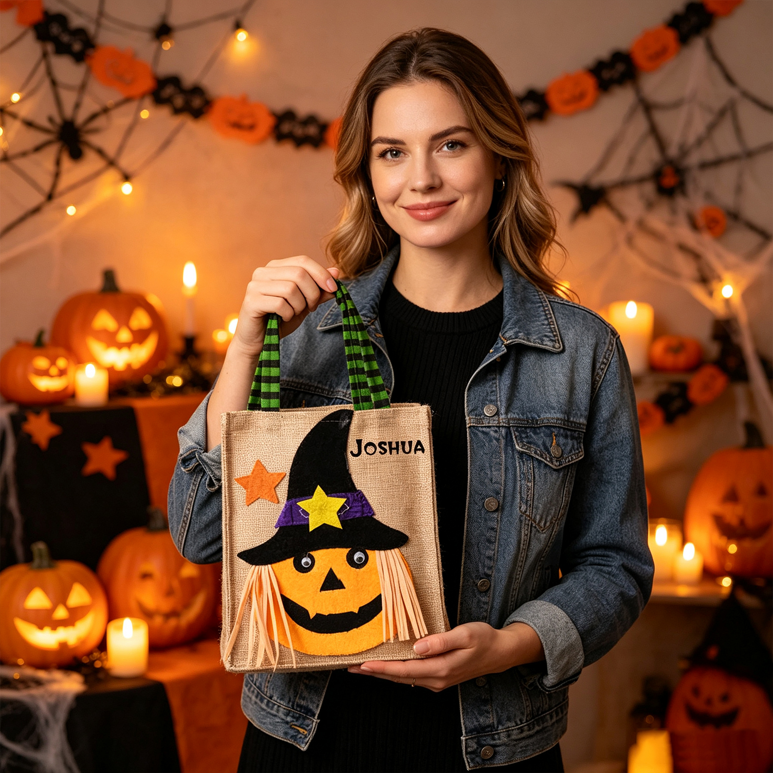Personalized Halloween Pumpkin Skull Witch Burlap Candy Tote Bag with Name Happy Halloween Gift for Halloween
