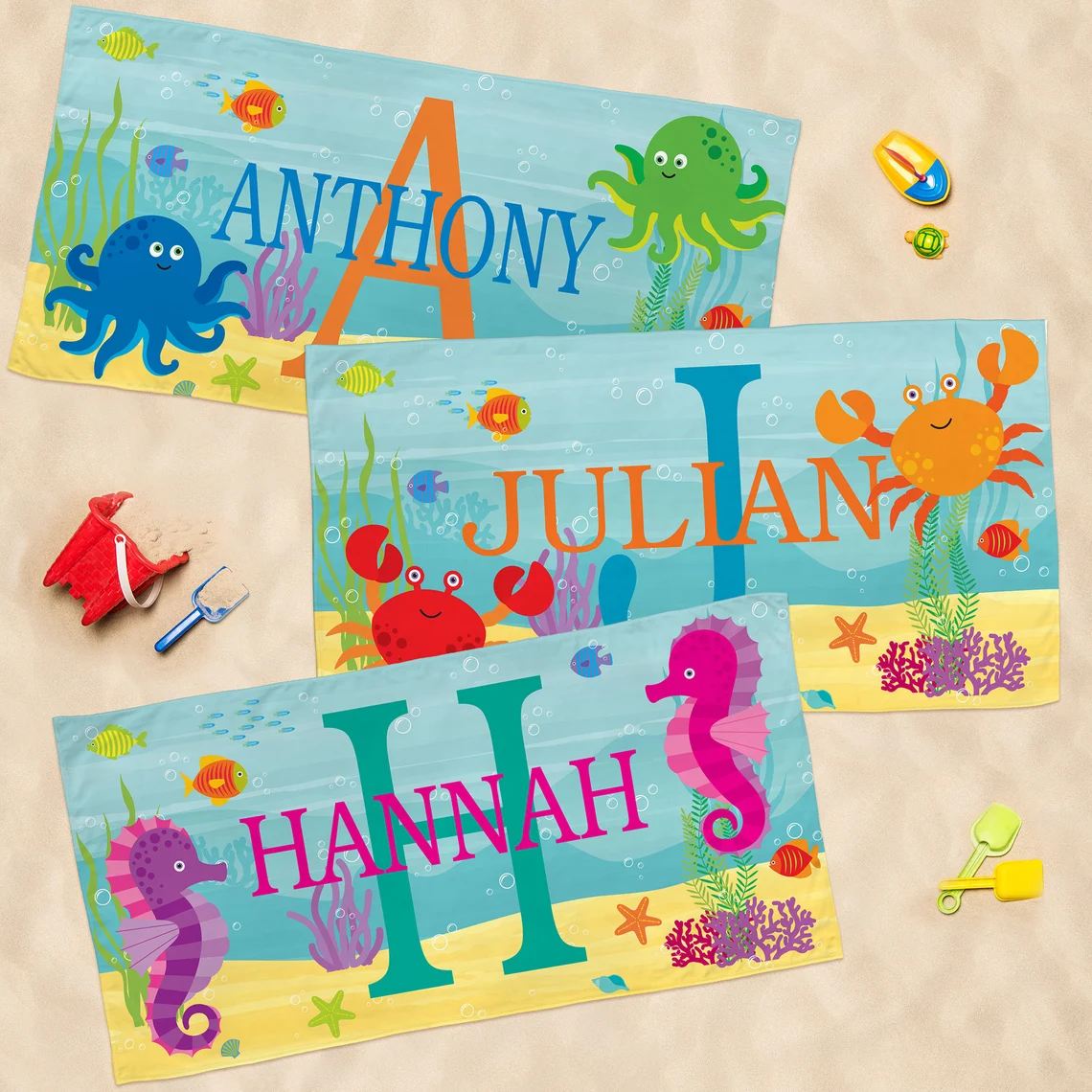Personalized Kids Beach Towel  Fun Beach Designs Gift For Girls Or Boys Available In 3 Designs Choose From 2 Sizes