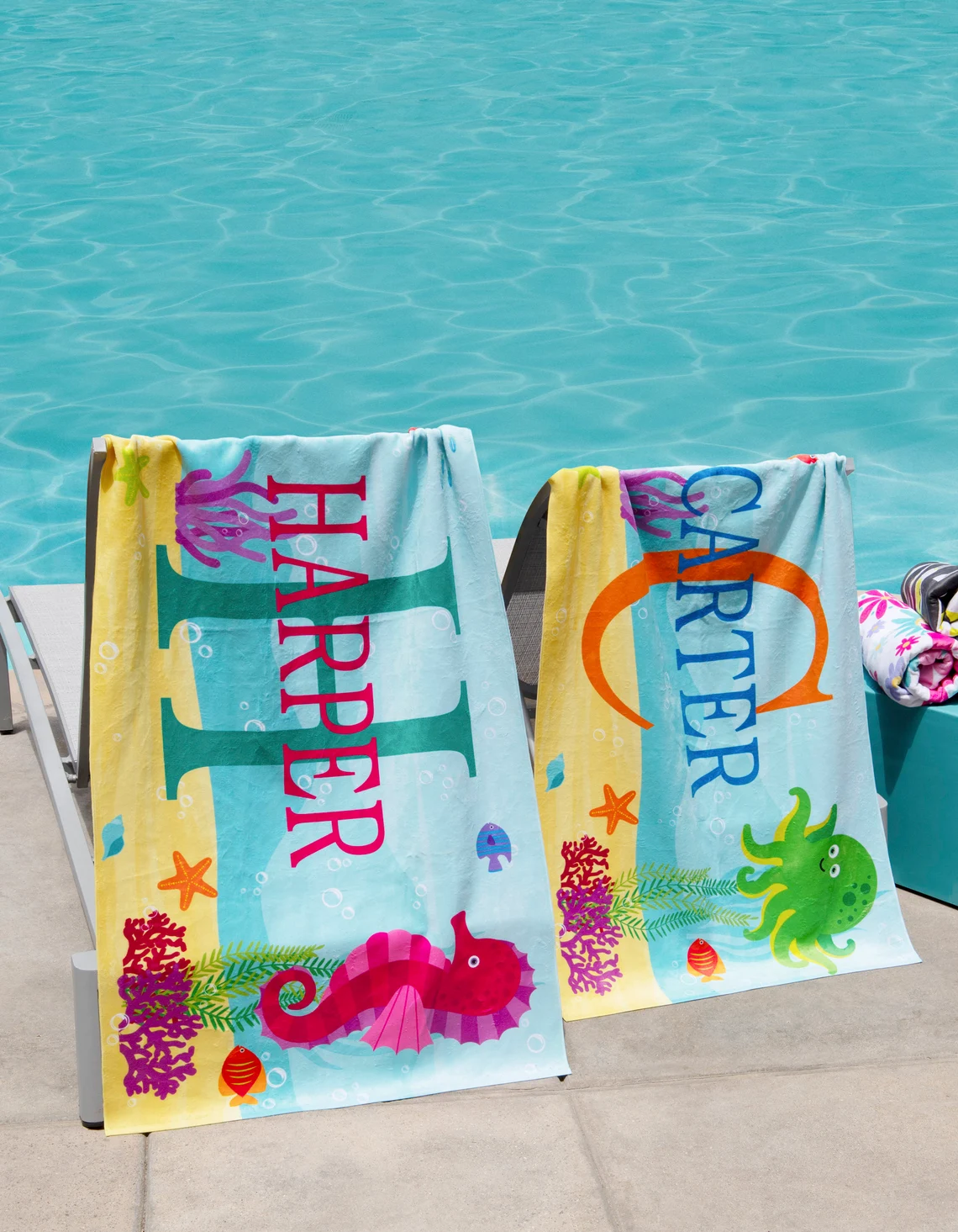 Personalized Kids Beach Towel  Fun Beach Designs Gift For Girls Or Boys Available In 3 Designs Choose From 2 Sizes