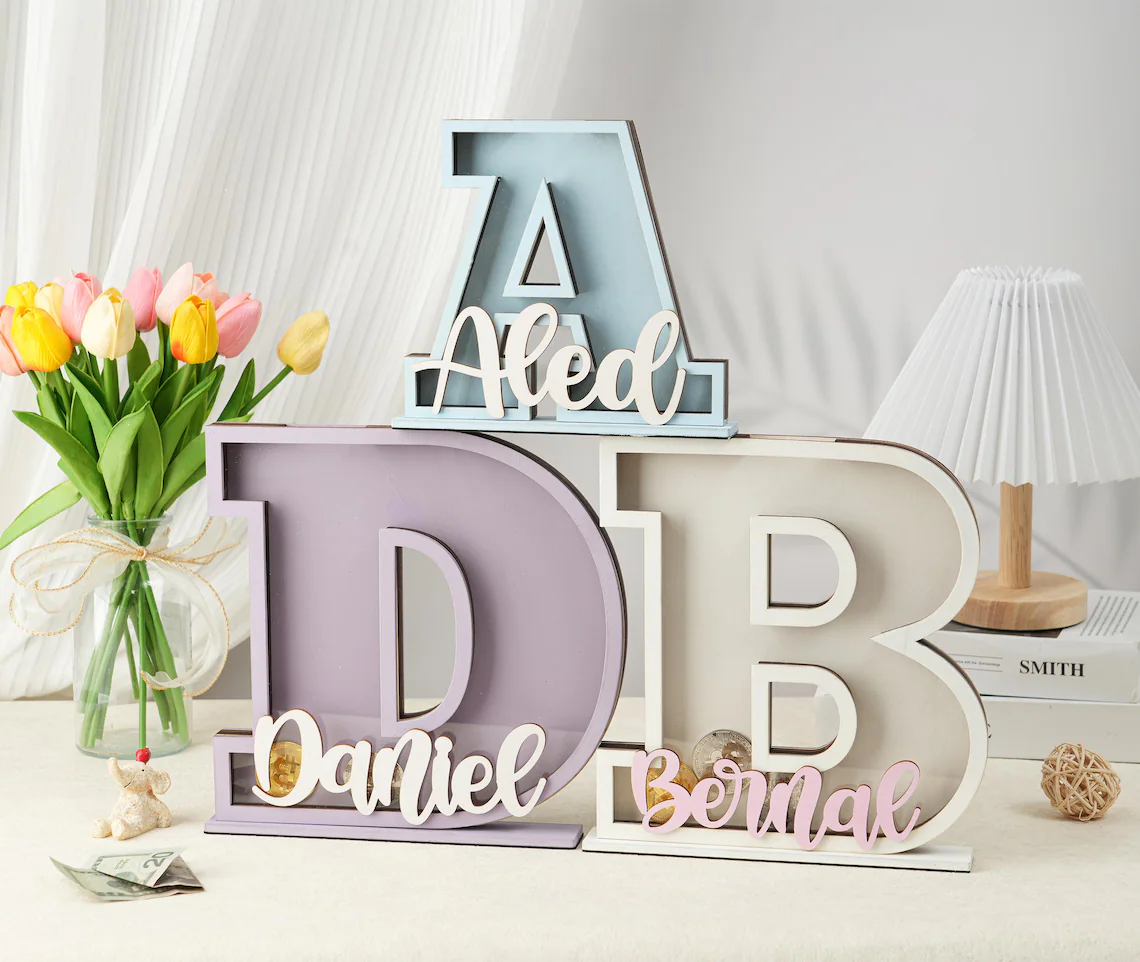 Personalized Letter Bank Wooden Initial Coin Bank Kids Keepsake Easter gifts for children