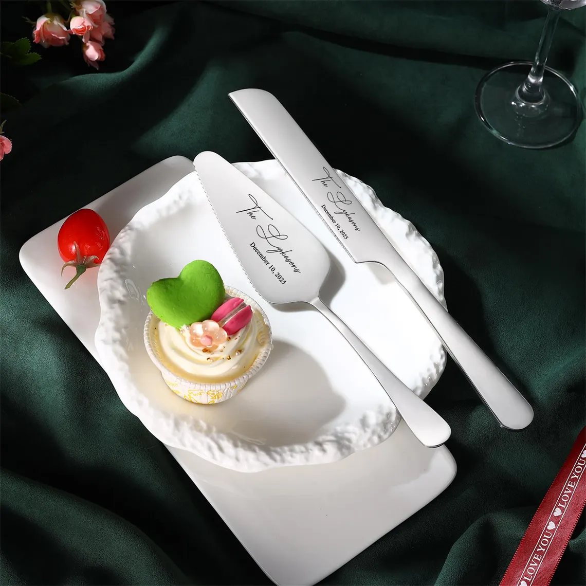 Personalized Wedding Cake Knife and Server Set Engraved Cake Cutting Utensils with Gift Box 