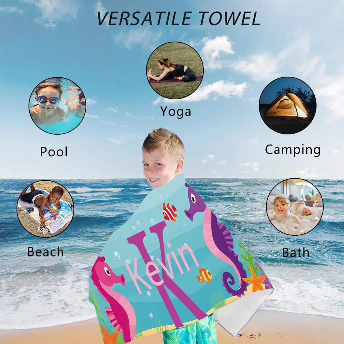 Personalized Kids Beach Towel  Fun Beach Designs Gift For Girls Or Boys Available In 3 Designs Choose From 2 Sizes
