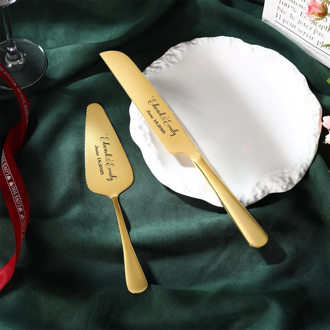 Personalized Wedding Cake Knife and Server Set Engraved Cake Cutting Utensils with Gift Box 