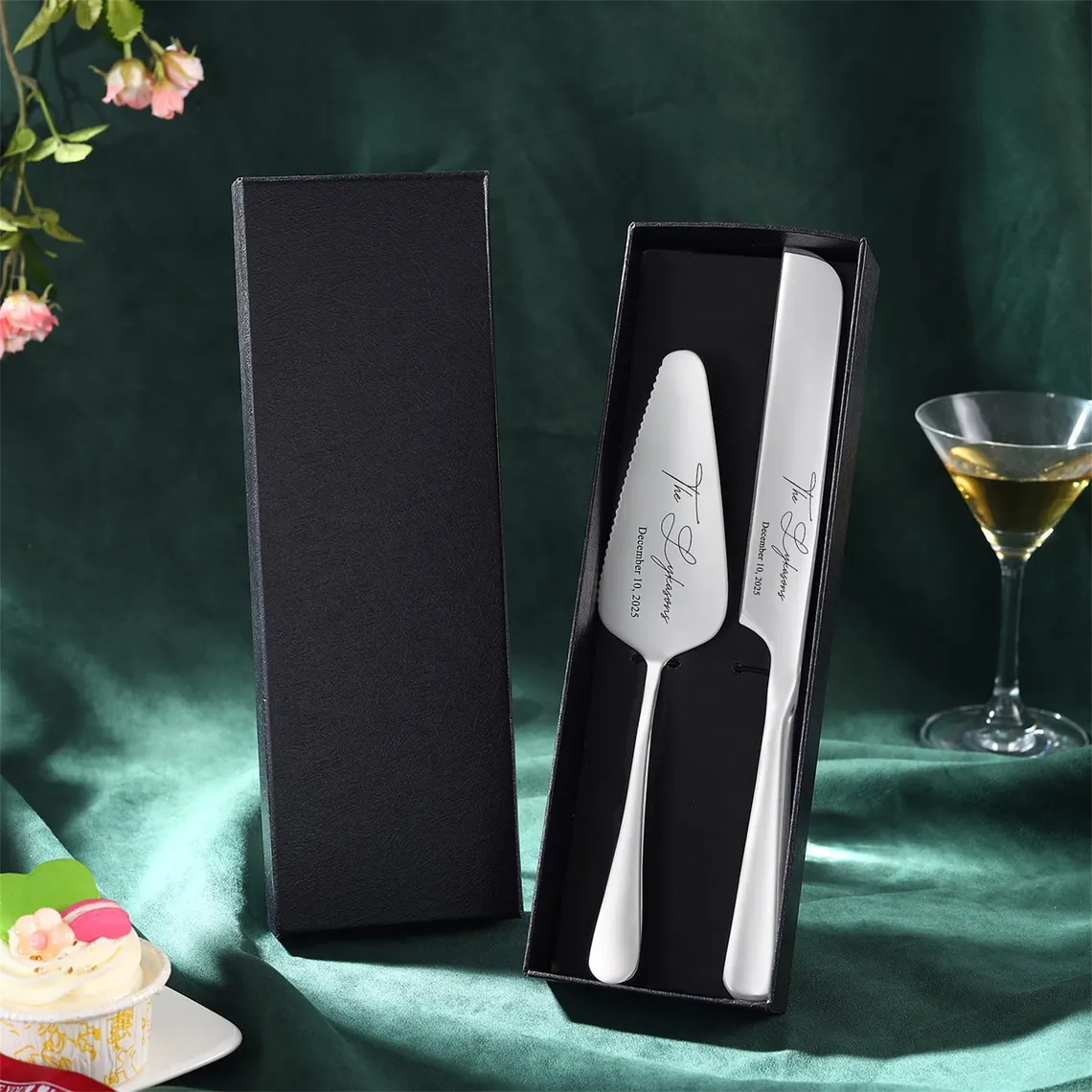 Personalized Wedding Cake Knife and Server Set Engraved Cake Cutting Utensils with Gift Box 