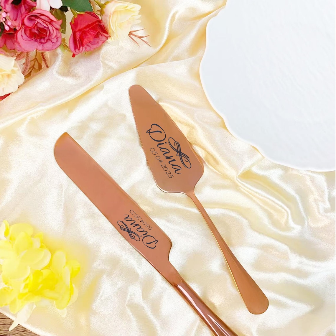 Personalized Rose Gold Wedding Cake Knife Server Set Engraved Cake Cutting Utensils Perfect for Weddings Anniversaries Engagements