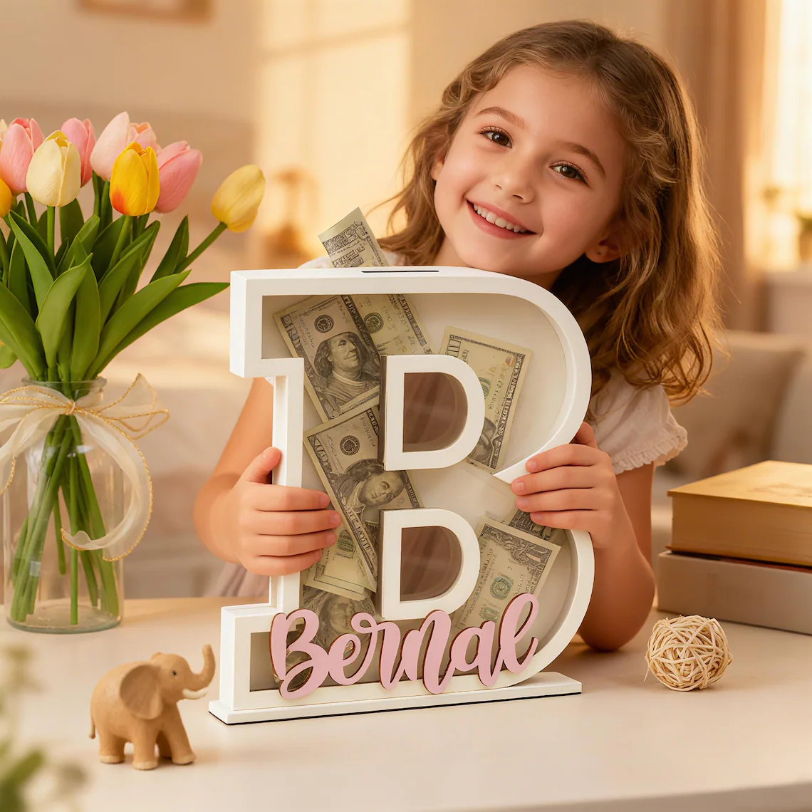 Personalized Letter Bank Wooden Initial Coin Bank Kids Keepsake Easter gifts for children