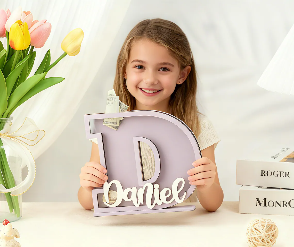 Personalized Letter Bank Wooden Initial Coin Bank Kids Keepsake Easter gifts for children