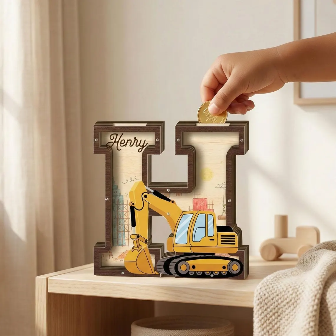 Personized Excavator Letter Piggy Bank Wooden Construction Vehicle Initial Personalized Kids Room Decor