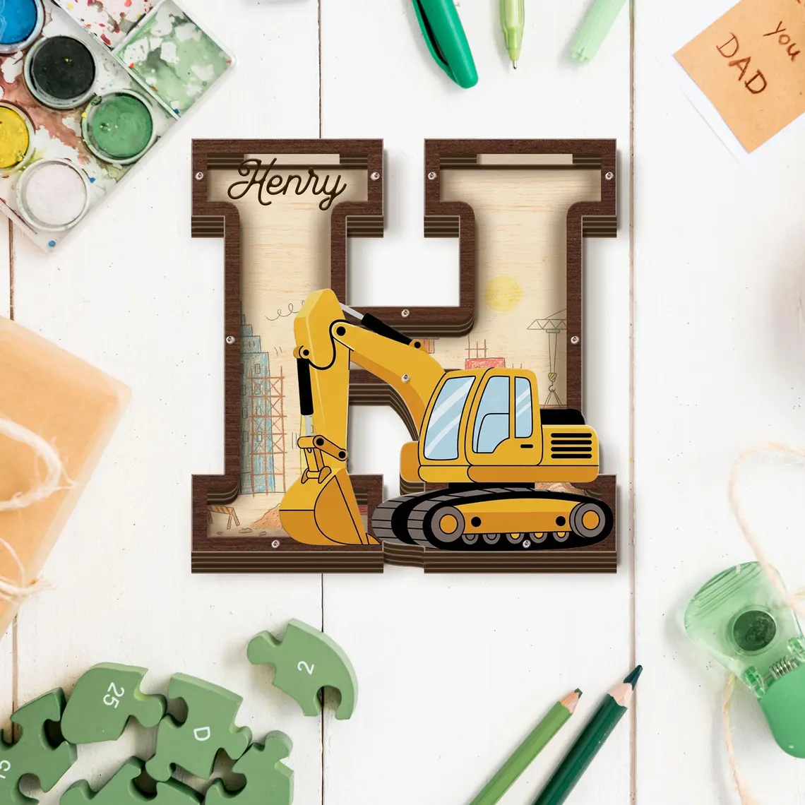 Personized Excavator Letter Piggy Bank Wooden Construction Vehicle Initial Personalized Kids Room Decor