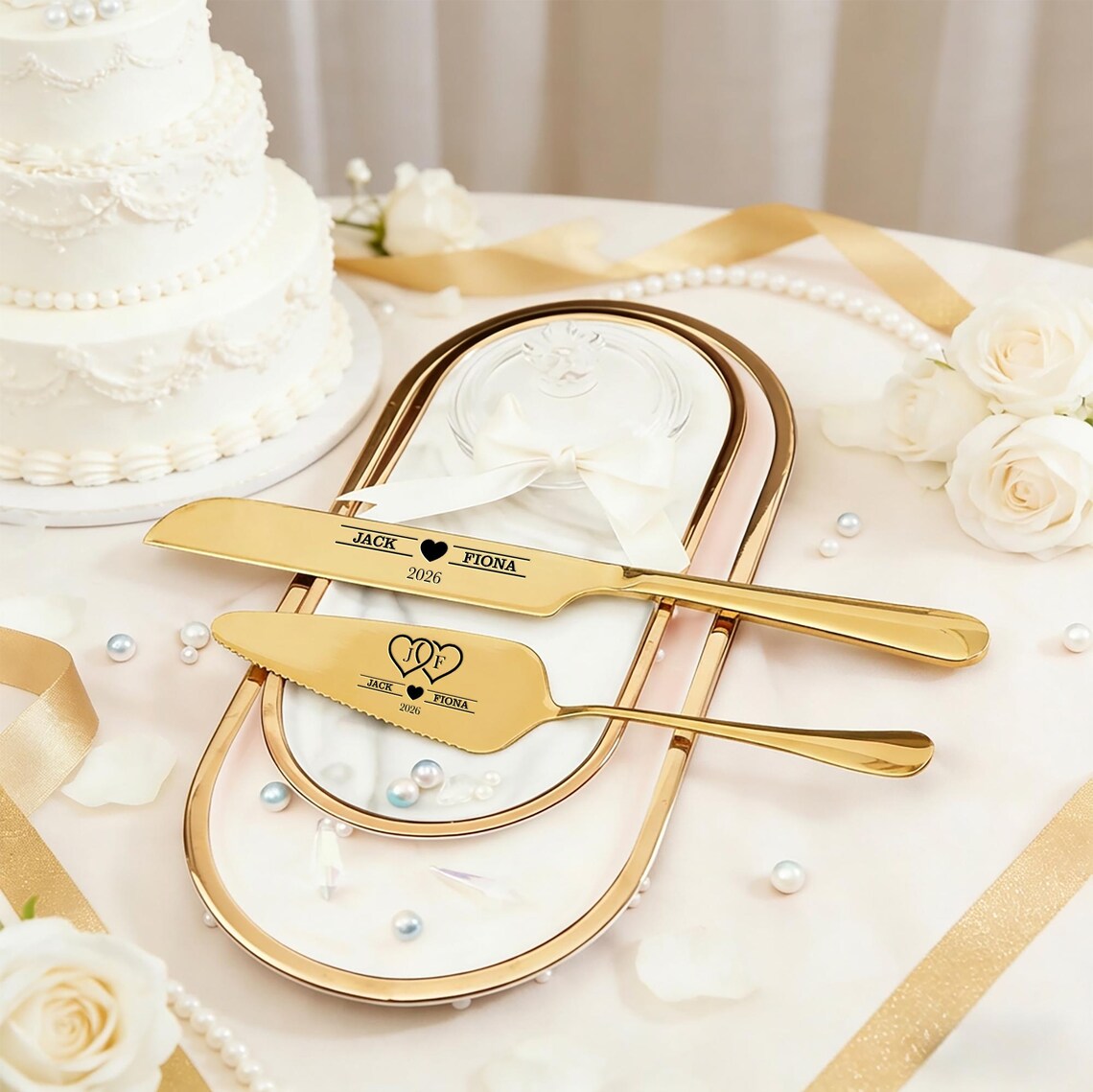 Personalized Silver Wedding Cake Knife and Server Set Engraved Cake Cutting Utensils Perfect for Weddings Anniversaries Engagements or Special Occasions