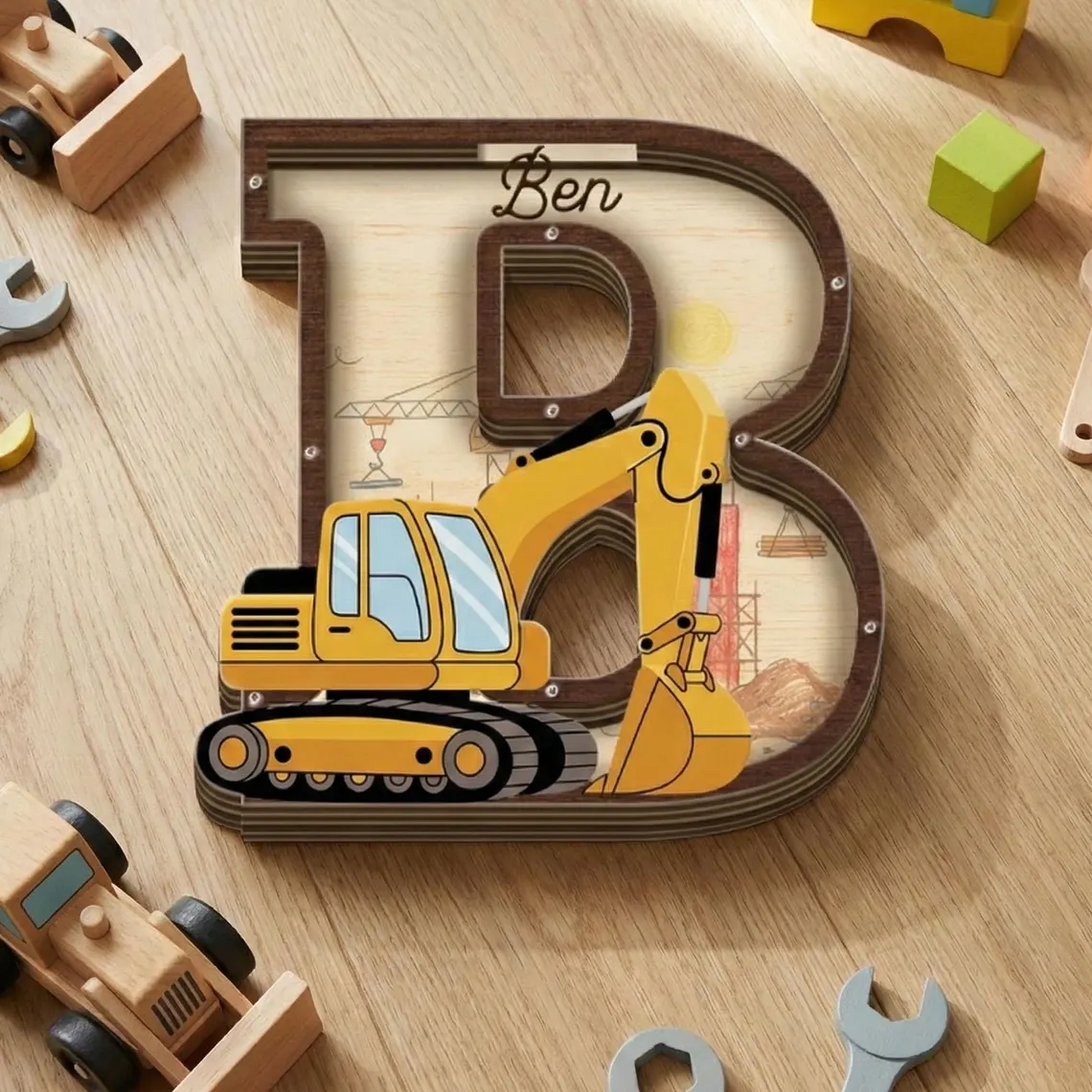 Personized Excavator Letter Piggy Bank Wooden Construction Vehicle Initial Personalized Kids Room Decor