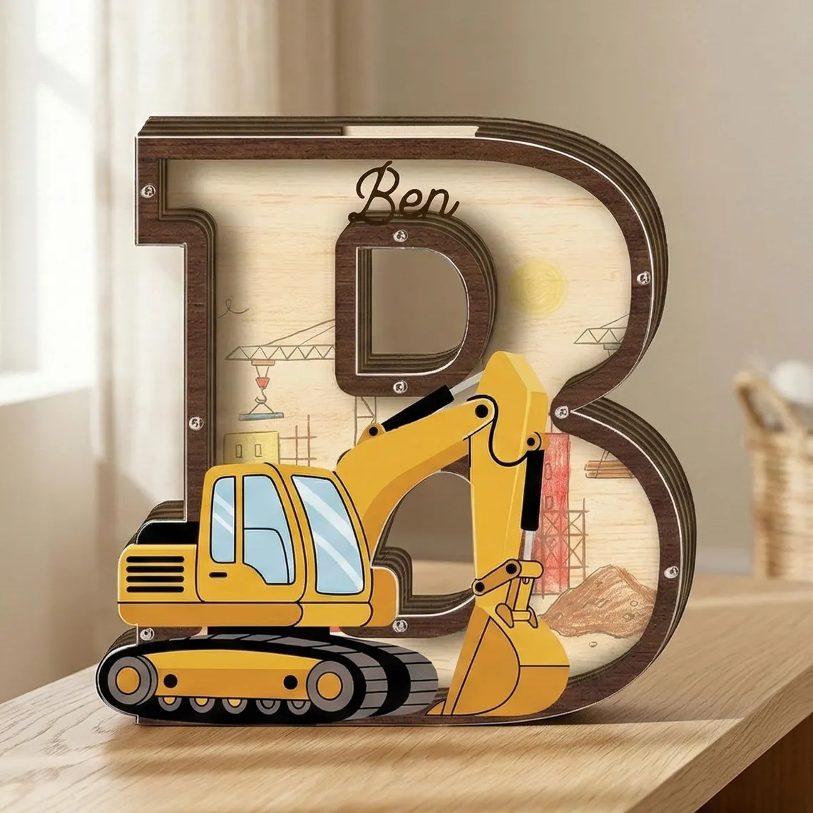 Personized Excavator Letter Piggy Bank Wooden Construction Vehicle Initial Personalized Kids Room Decor