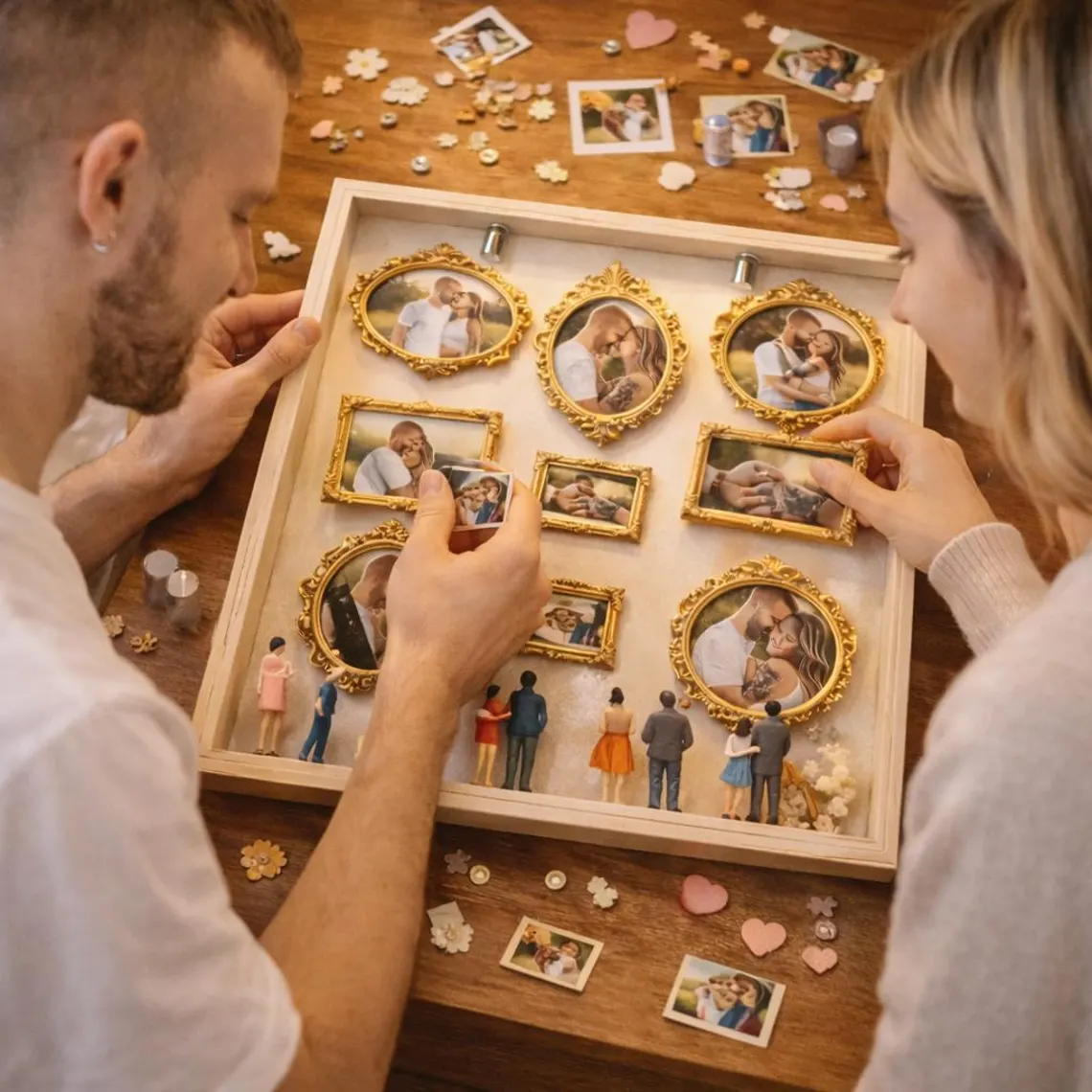 Personalized Multi Photo Golden Frame With Life Journey Miniatures And LED Lights Gift For Couples And Families