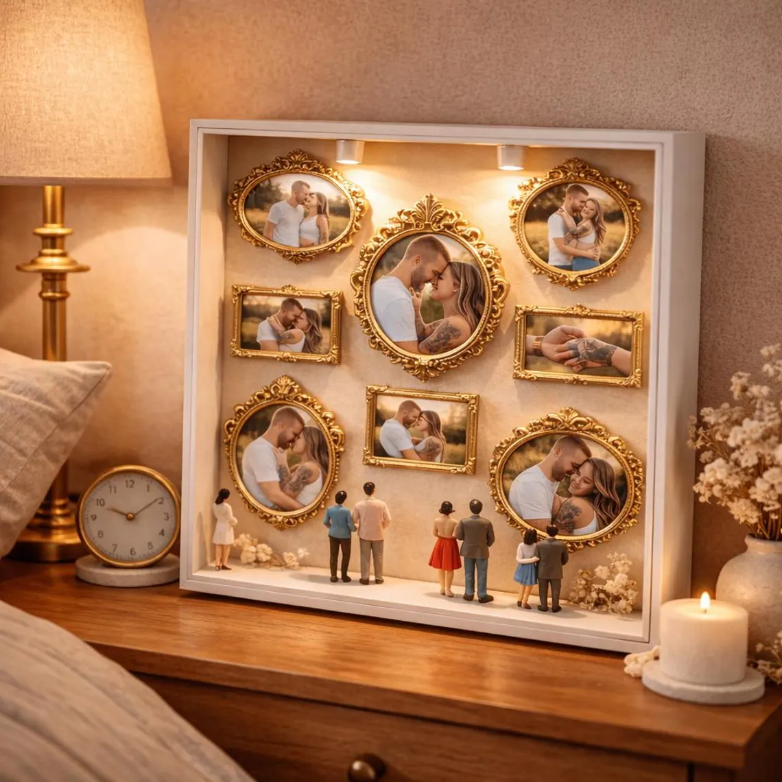 Personalized Multi Photo Golden Frame With Life Journey Miniatures And LED Lights Gift For Couples And Families