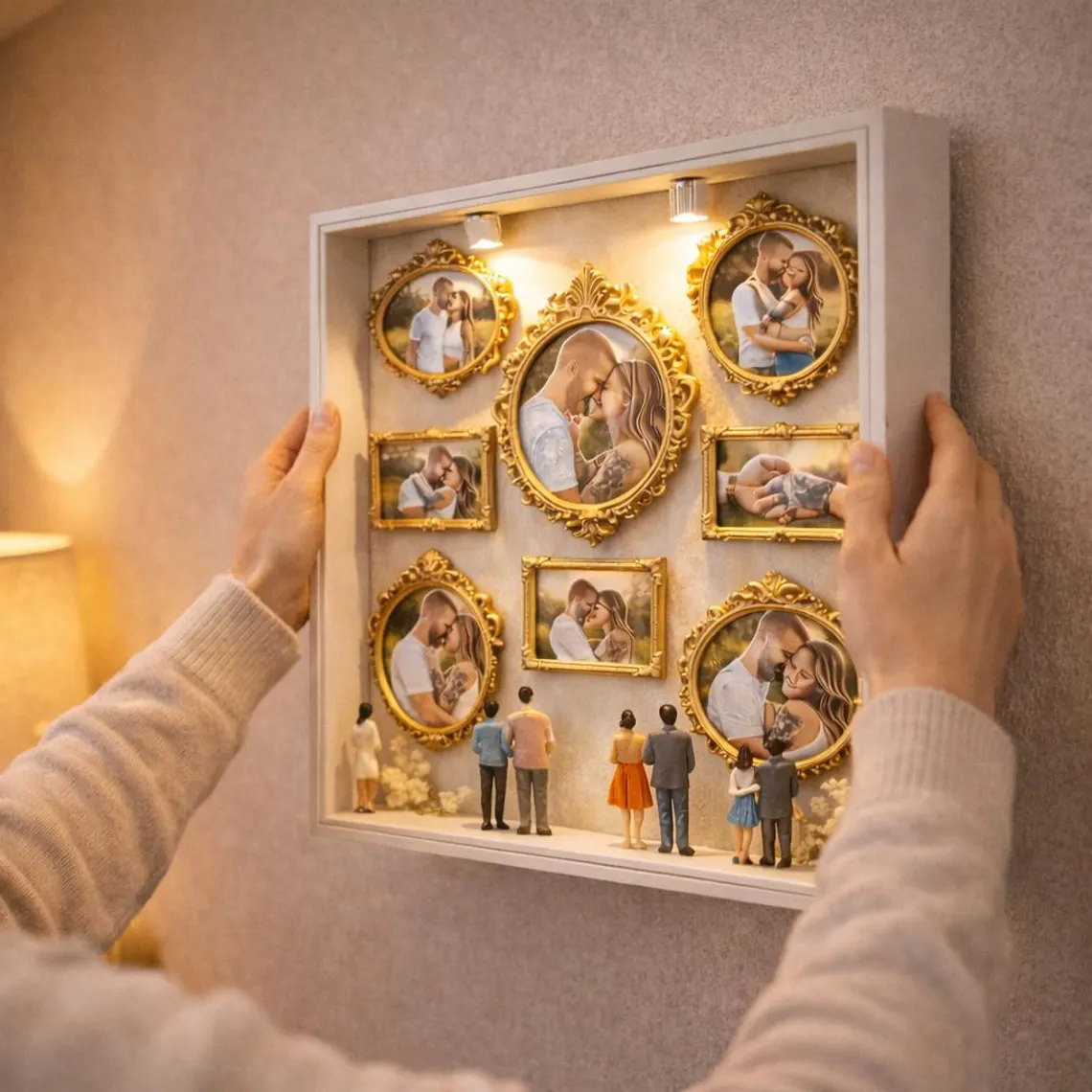 Personalized Multi Photo Golden Frame With Life Journey Miniatures And LED Lights Gift For Couples And Families