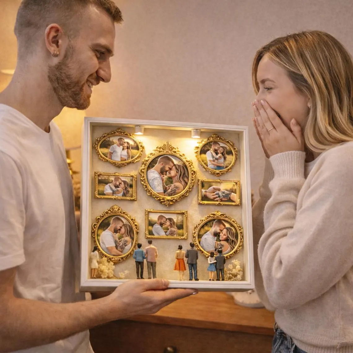 Personalized Multi Photo Golden Frame With Life Journey Miniatures And LED Lights Gift For Couples And Families
