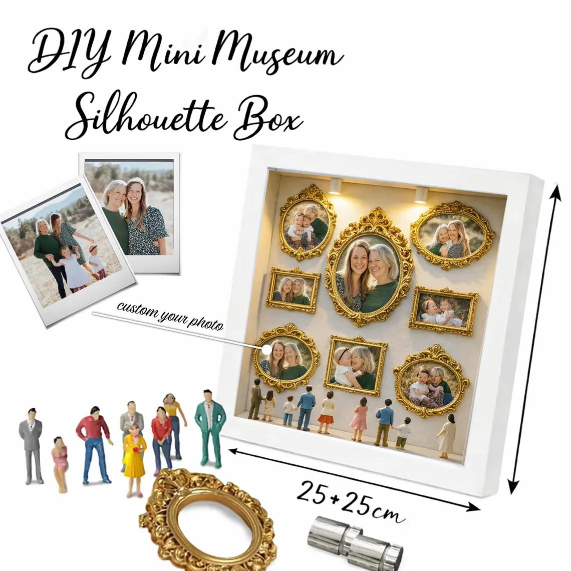 Personalized Multi Photo Golden Frame With Life Journey Miniatures And LED Lights Gift For Couples And Families