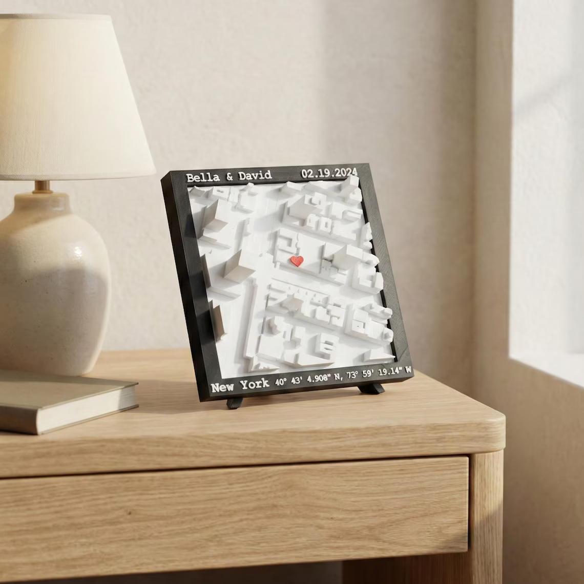 Personalized 3D Printed Location Map Wall Art Custom Coordinates and Heart Marker for Wedding Proposal and Anniversary Gifts
