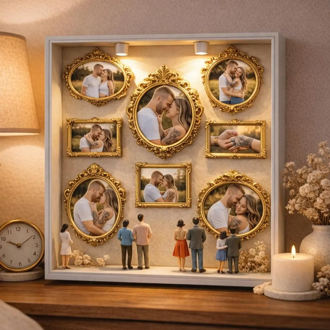 Personalized Multi Photo Golden Frame With Life Journey Miniatures And LED Lights Gift For Couples And Families