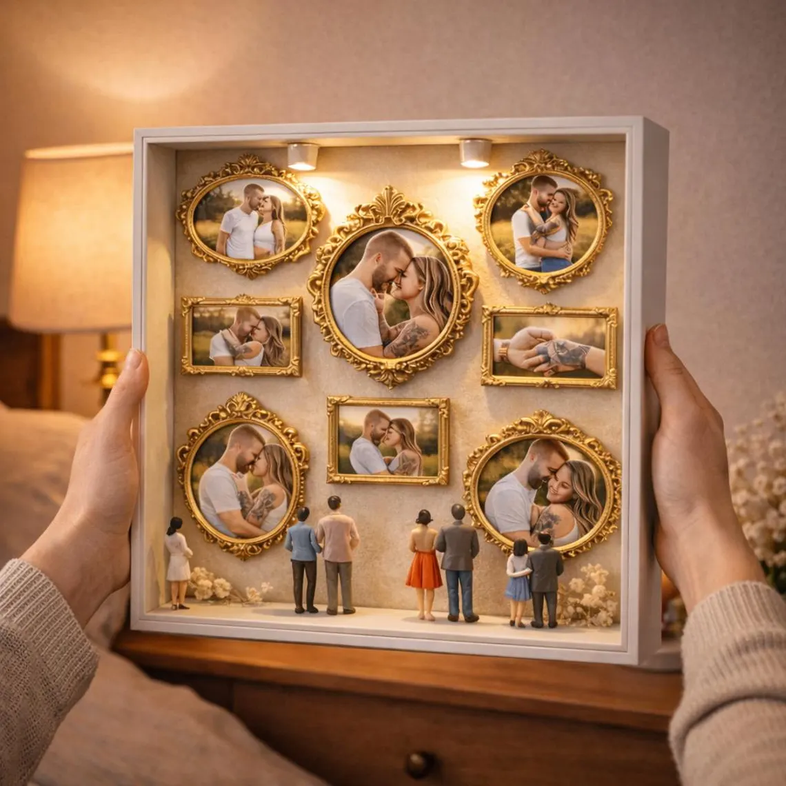 Personalized Multi Photo Golden Frame With Life Journey Miniatures And LED Lights Gift For Couples And Families