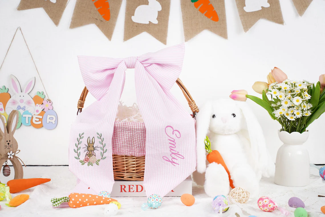 Personalized Seersucker Easter Basket Bow, Monogrammed Bunny Design, Easter Basket Decoration, Kids Gift, Spring Bunny Accessory