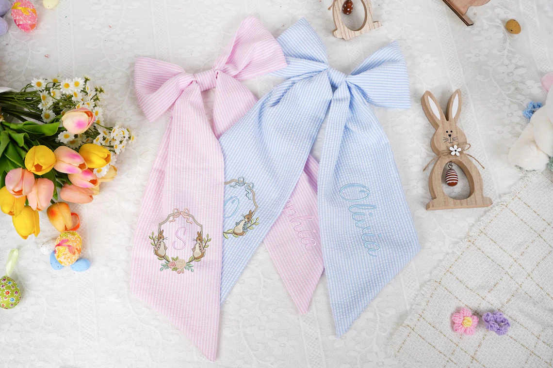 Personalized Seersucker Easter Basket Bow, Monogrammed Bunny Design, Easter Basket Decoration, Kids Gift, Spring Bunny Accessory
