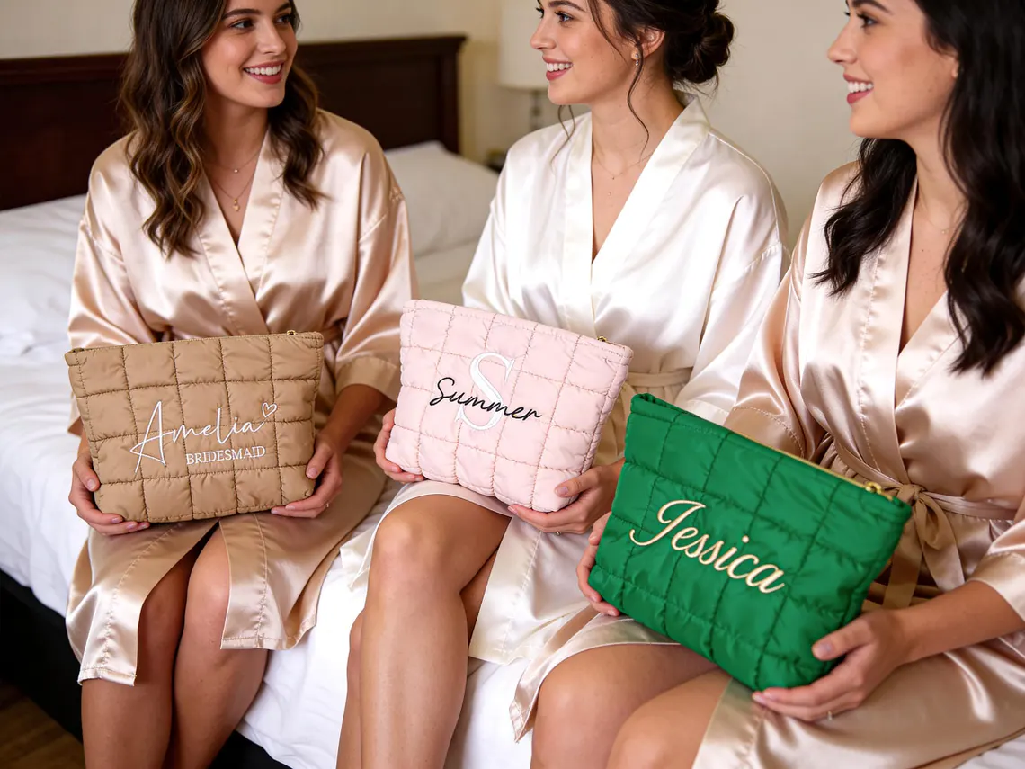 Personalized Quilted Makeup Bag,Custom Embroidered Cosmetic Bag,Bridesmaid Gift,Bachelorette Gift,Travel Makeup Pouch,Women Toiletry Bag