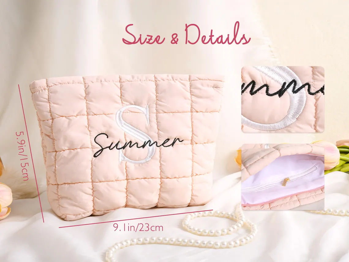 Personalized Quilted Makeup Bag,Custom Embroidered Cosmetic Bag,Bridesmaid Gift,Bachelorette Gift,Travel Makeup Pouch,Women Toiletry Bag