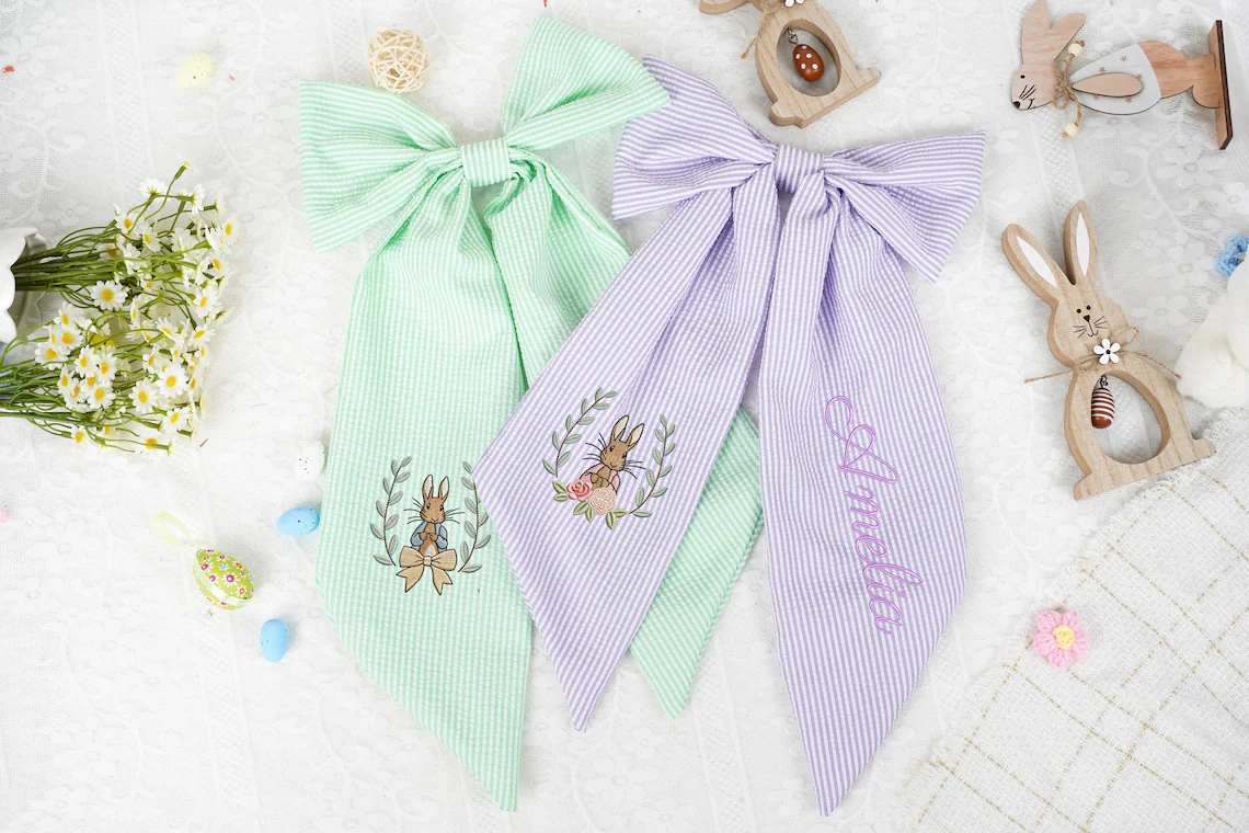 Personalized Seersucker Easter Basket Bow, Monogrammed Bunny Design, Easter Basket Decoration, Kids Gift, Spring Bunny Accessory