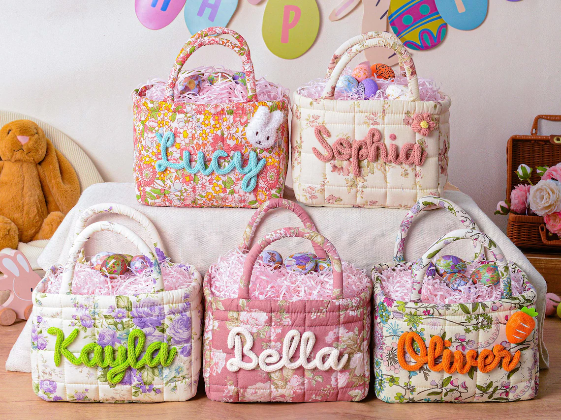 Personalized Easter Egg Hunt bag,Spring Flower Easter Basket,Quilted Egg Hunt Bucket,Boys Girls Easter Baskets,Baby Shower Gift,Easter gift