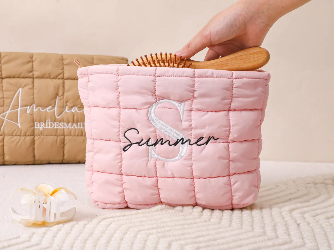 Personalized Quilted Makeup Bag,Custom Embroidered Cosmetic Bag,Bridesmaid Gift,Bachelorette Gift,Travel Makeup Pouch,Women Toiletry Bag