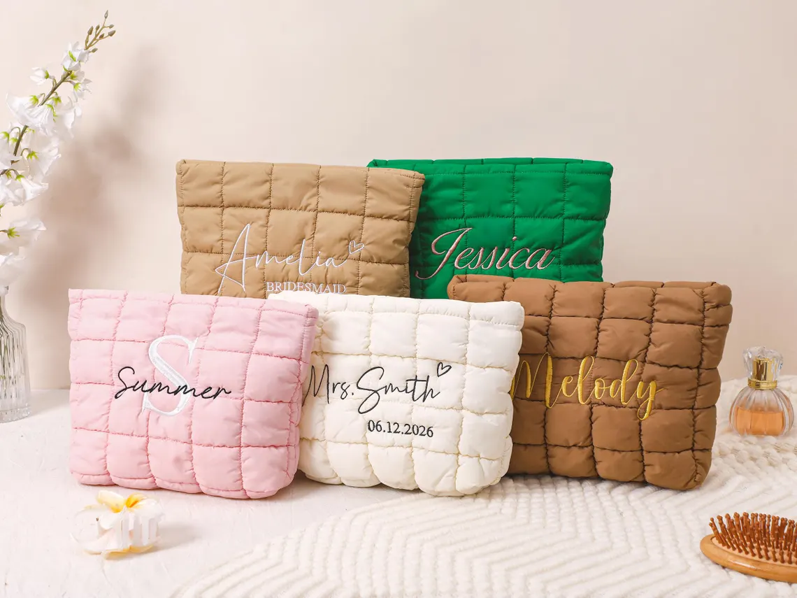 Personalized Quilted Makeup Bag,Custom Embroidered Cosmetic Bag,Bridesmaid Gift,Bachelorette Gift,Travel Makeup Pouch,Women Toiletry Bag