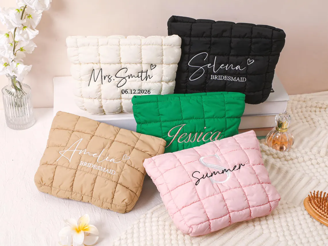 Personalized Quilted Makeup Bag,Custom Embroidered Cosmetic Bag,Bridesmaid Gift,Bachelorette Gift,Travel Makeup Pouch,Women Toiletry Bag