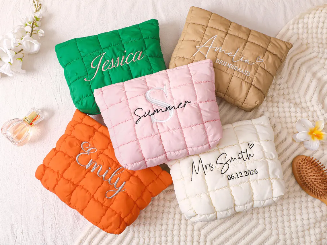 Personalized Quilted Makeup Bag,Custom Embroidered Cosmetic Bag,Bridesmaid Gift,Bachelorette Gift,Travel Makeup Pouch,Women Toiletry Bag