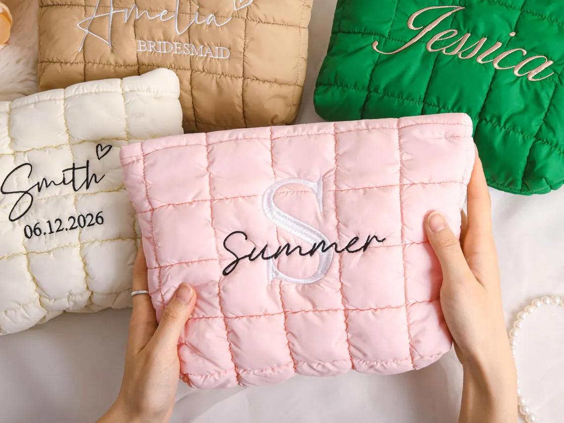 Personalized Quilted Makeup Bag,Custom Embroidered Cosmetic Bag,Bridesmaid Gift,Bachelorette Gift,Travel Makeup Pouch,Women Toiletry Bag