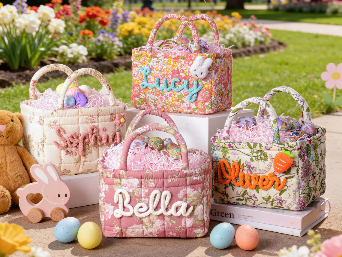 Personalized Easter Egg Hunt bag,Spring Flower Easter Basket,Quilted Egg Hunt Bucket,Boys Girls Easter Baskets,Baby Shower Gift,Easter gift