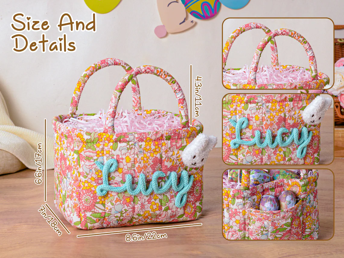 Personalized Easter Egg Hunt bag,Spring Flower Easter Basket,Quilted Egg Hunt Bucket,Boys Girls Easter Baskets,Baby Shower Gift,Easter gift