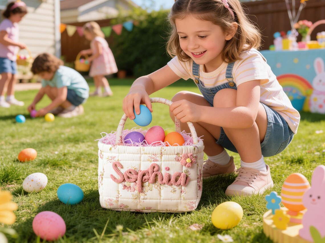 Personalized Easter Egg Hunt bag,Spring Flower Easter Basket,Quilted Egg Hunt Bucket,Boys Girls Easter Baskets,Baby Shower Gift,Easter gift