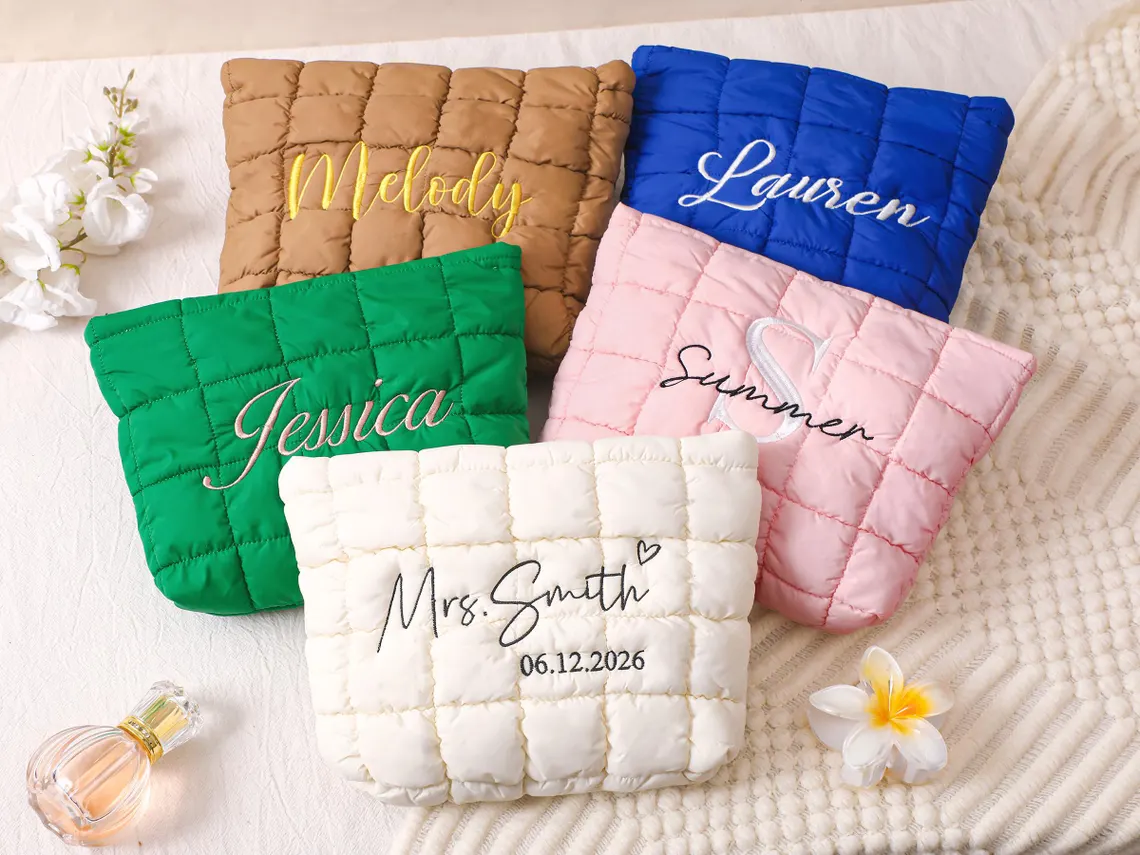 Personalized Quilted Makeup Bag,Custom Embroidered Cosmetic Bag,Bridesmaid Gift,Bachelorette Gift,Travel Makeup Pouch,Women Toiletry Bag