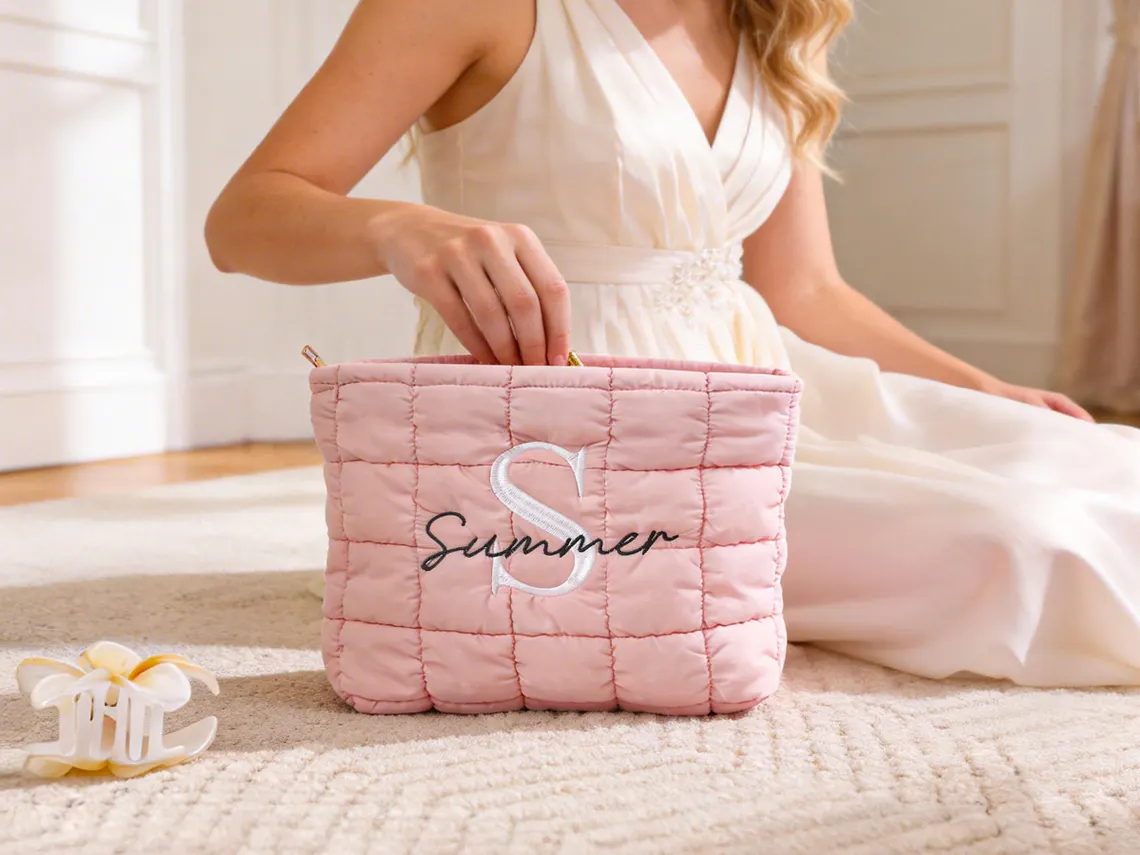 Personalized Quilted Makeup Bag,Custom Embroidered Cosmetic Bag,Bridesmaid Gift,Bachelorette Gift,Travel Makeup Pouch,Women Toiletry Bag