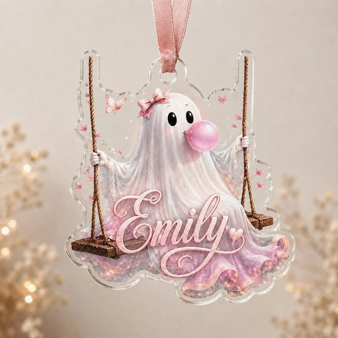 Personalized Pink Ghost Halloween Acrylic Ornament, Breast Cancer Awareness Gift Bubblegum Ghost Keepsake