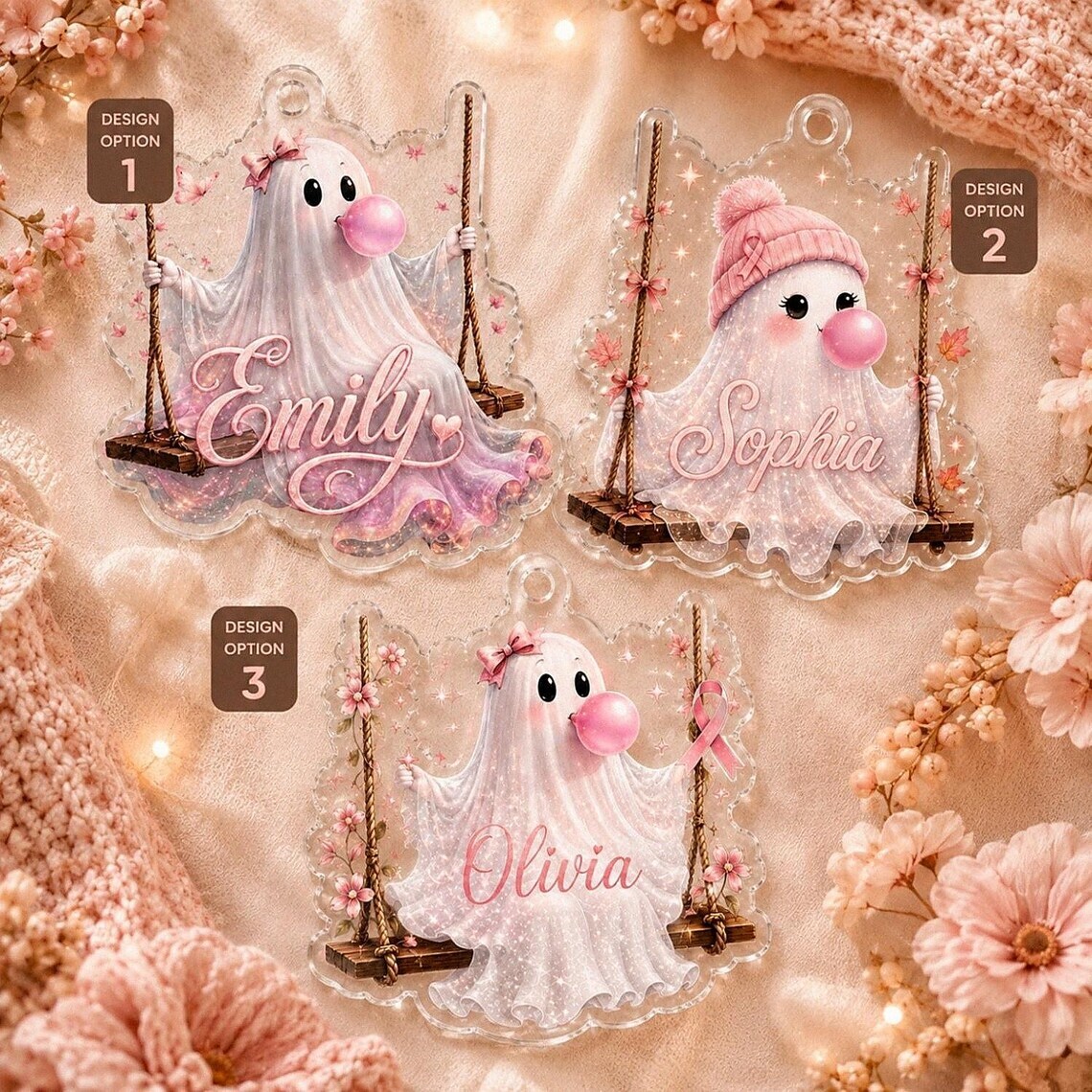 Personalized Pink Ghost Halloween Acrylic Ornament, Breast Cancer Awareness Gift Bubblegum Ghost Keepsake